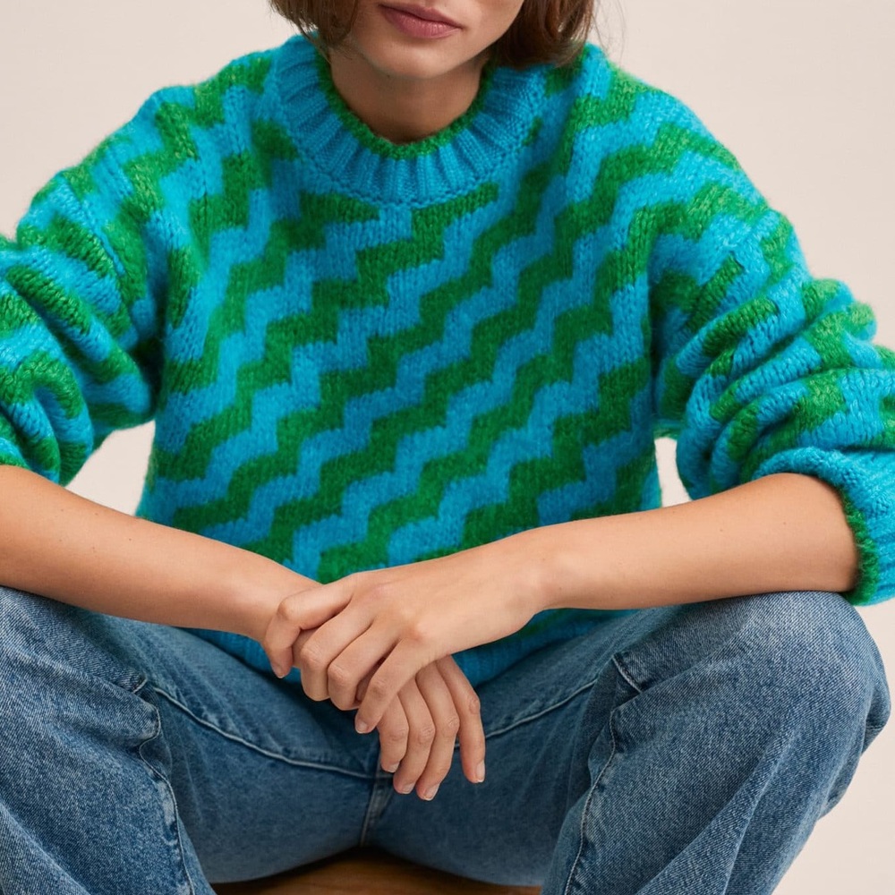Mango MNG • bright blue green oversized striped knit sweater - Picture 9 of 11